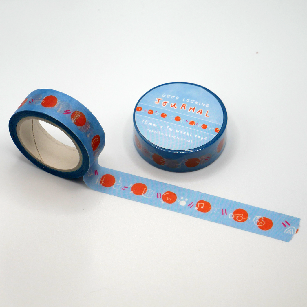 Blue and Orange Doodles Washi Tape - decorative masking tape for journaling