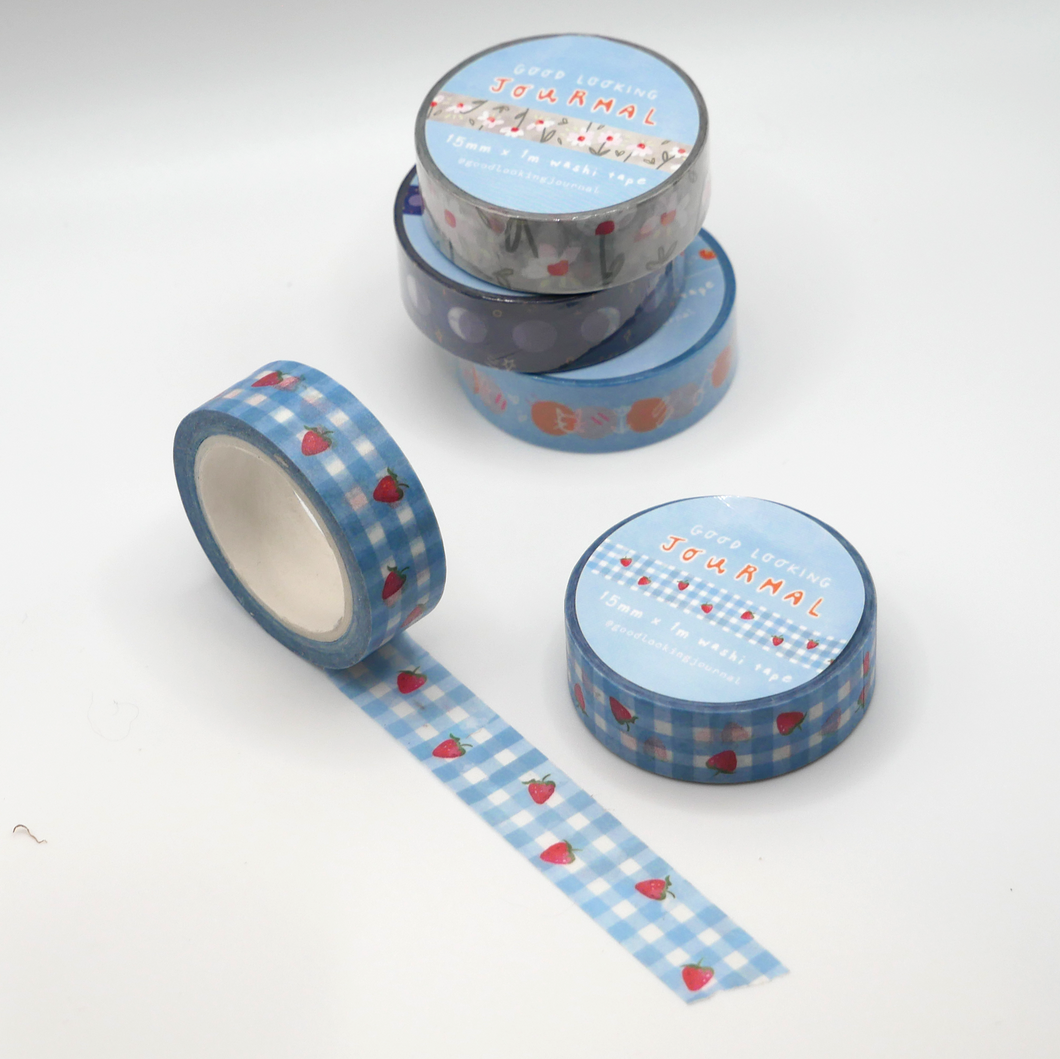 Blue Gingham and Strawberries Washi Tape - decorative masking tape for journaling