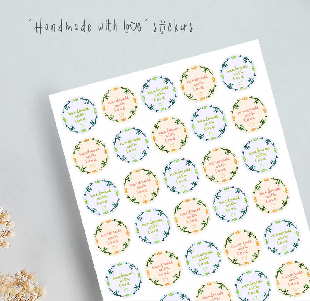 Handmade with love sticker sheets in blue and orange