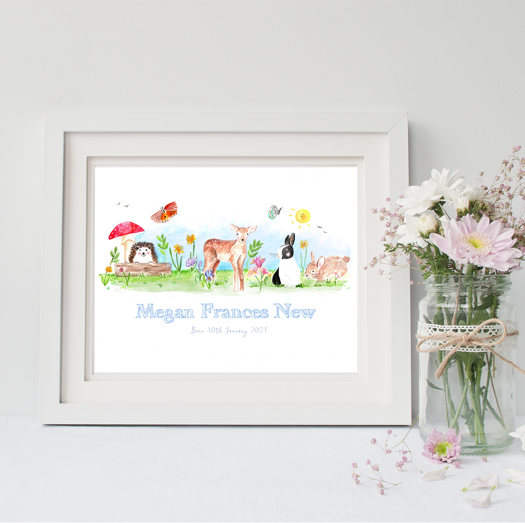 Watercolour painting featuring springtime animals in a white frame with flowers